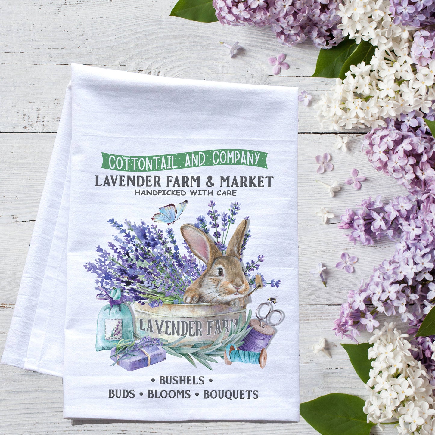Cottontail Lavender Farm Flour Sack Tea Towel Easter Spring - The Mirrored Past