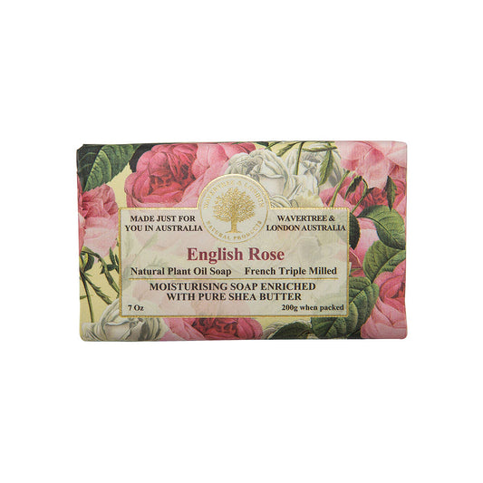 Bar of soap with floral packaging and label on a white background