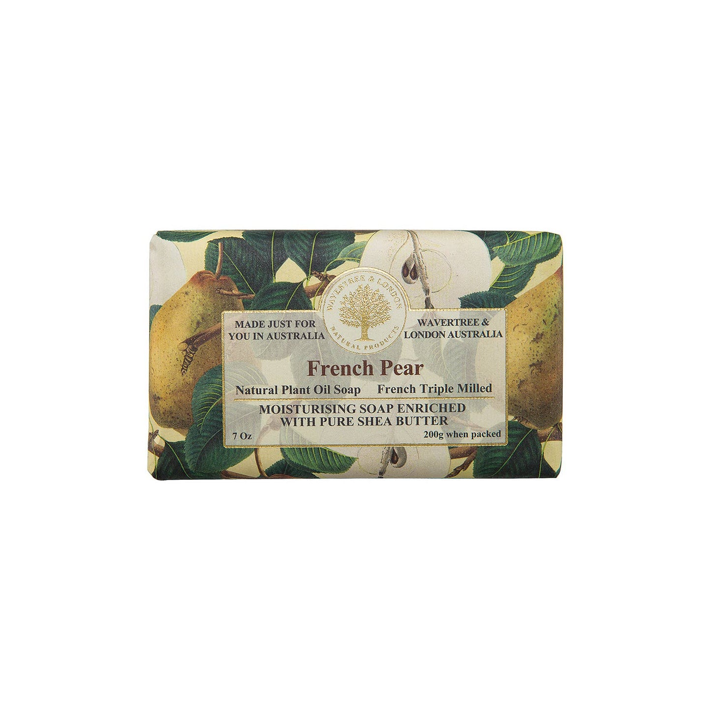 Bar of soap with a French Pear design on a white background