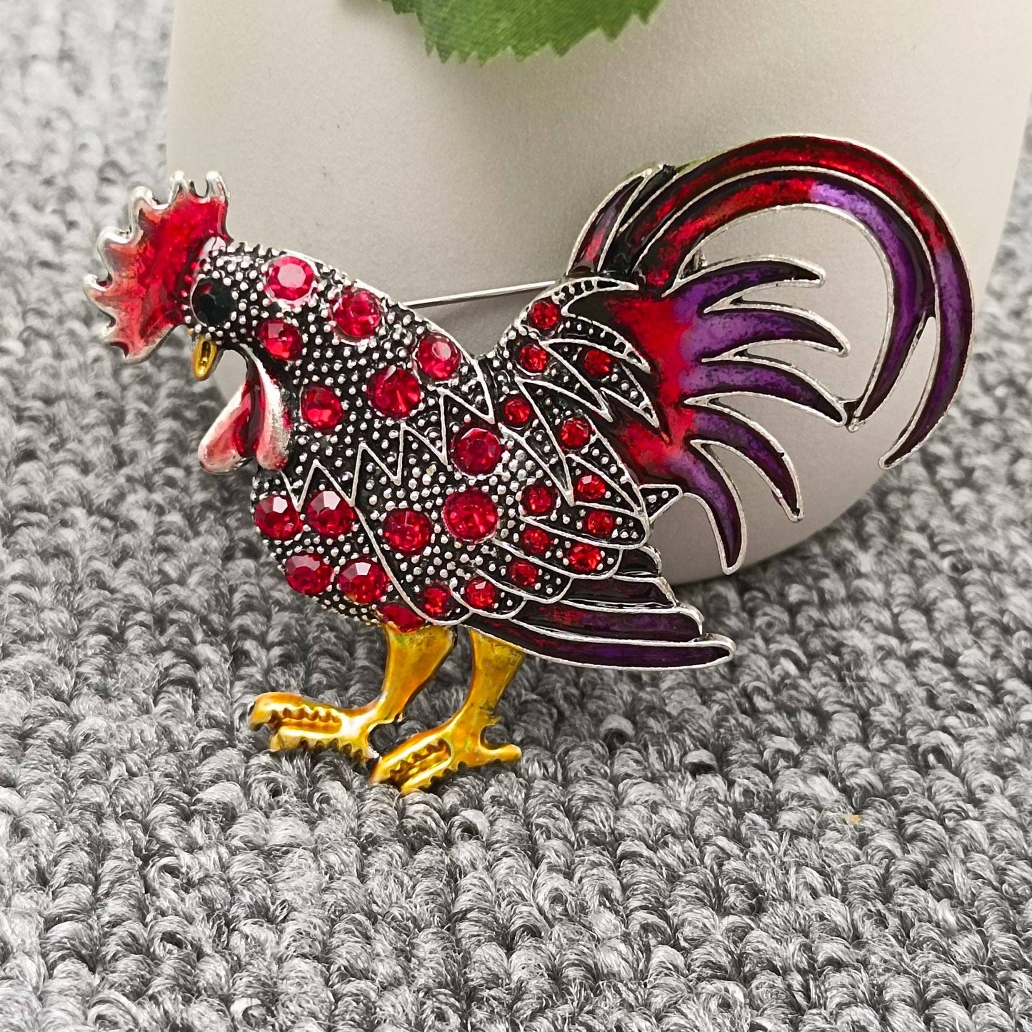 Colored Rhinestone Enamel Rooster Brooch: Red - The Mirrored Past