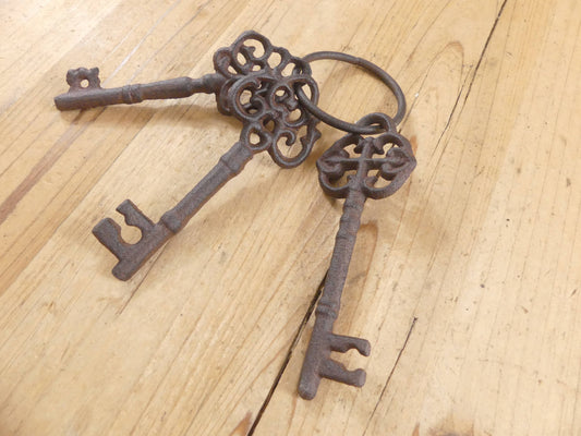 3 RUSTIC CAST IRON SKELETON JAIL KEYS - The Mirrored Past