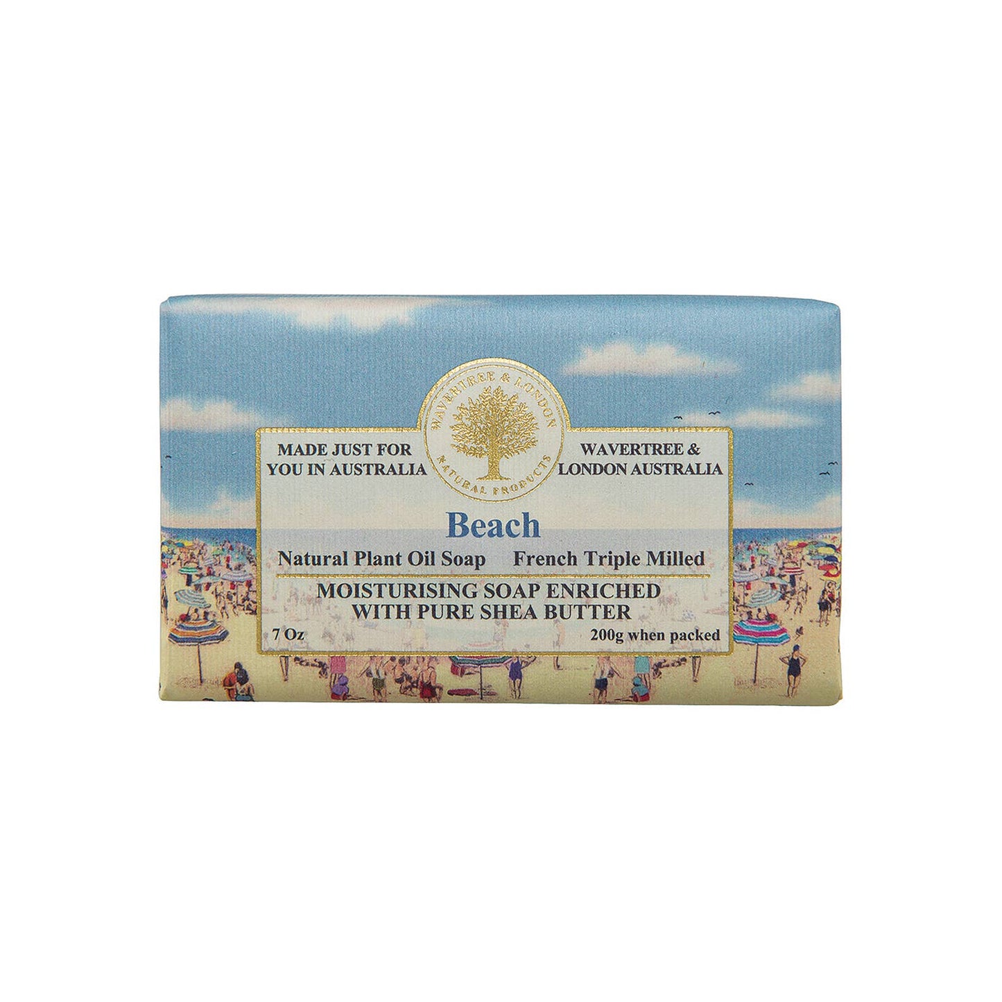 Bar of soap with beach scene packaging on a white background