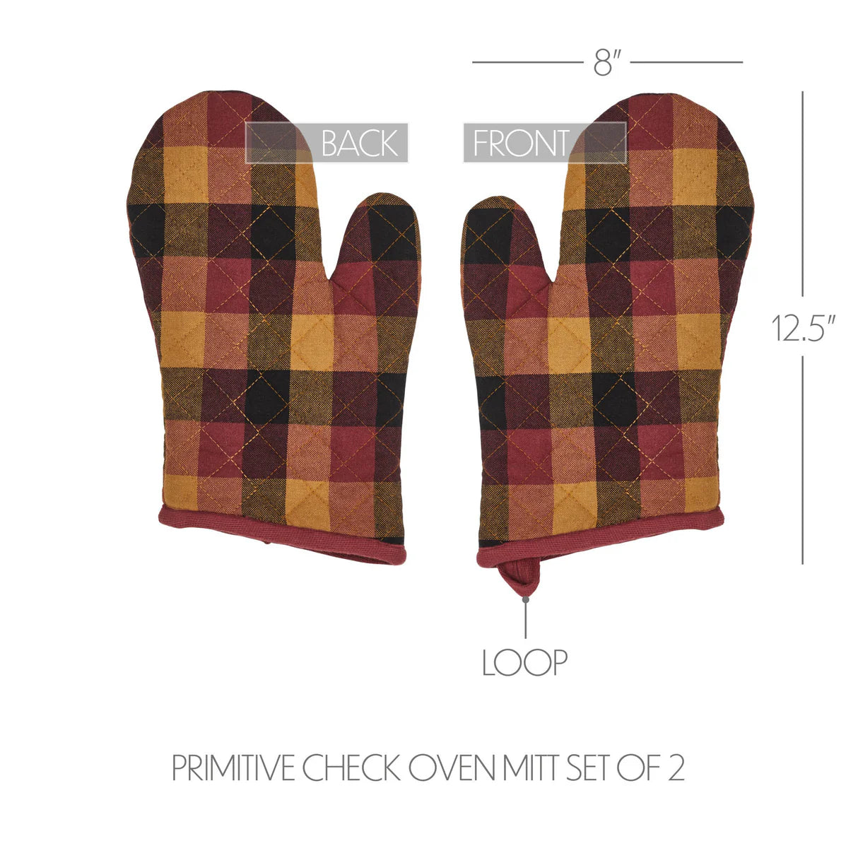 Plaid oven mitt set with measurements on a white background