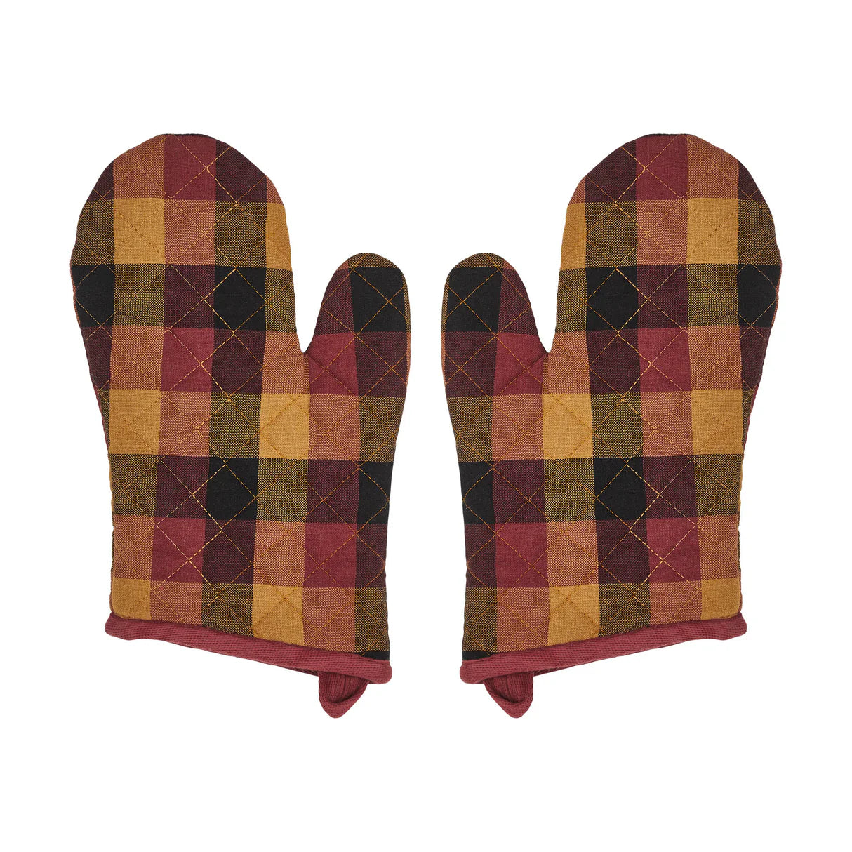 Pair of checkered oven mitts with a plaid pattern on a white background