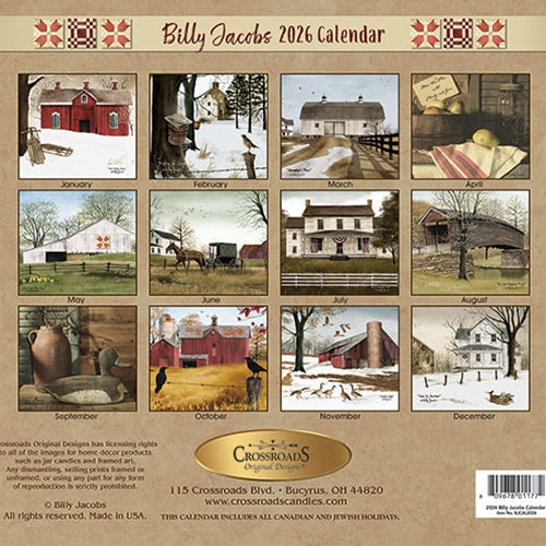 Calendar cover for Billy Jacobs 2026 featuring 12-month scenic illustrations on a brown background.