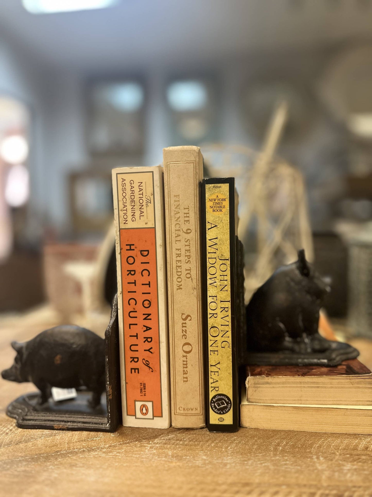 Stack of books on a wooden surface with blurred background