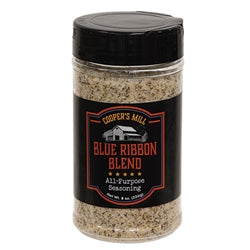 Jar of Copper Mill Blue Ribbon Blend spice blend with black lid and label.