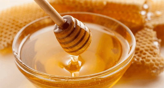 Honey dipper in a bowl of honey with honeycomb in the background