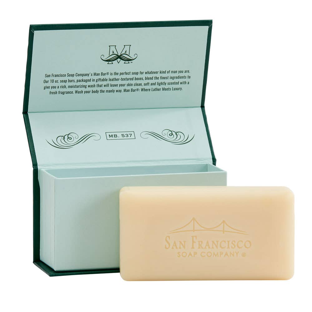 Bar of soap from San Francisco Soap Company with packaging on a white background