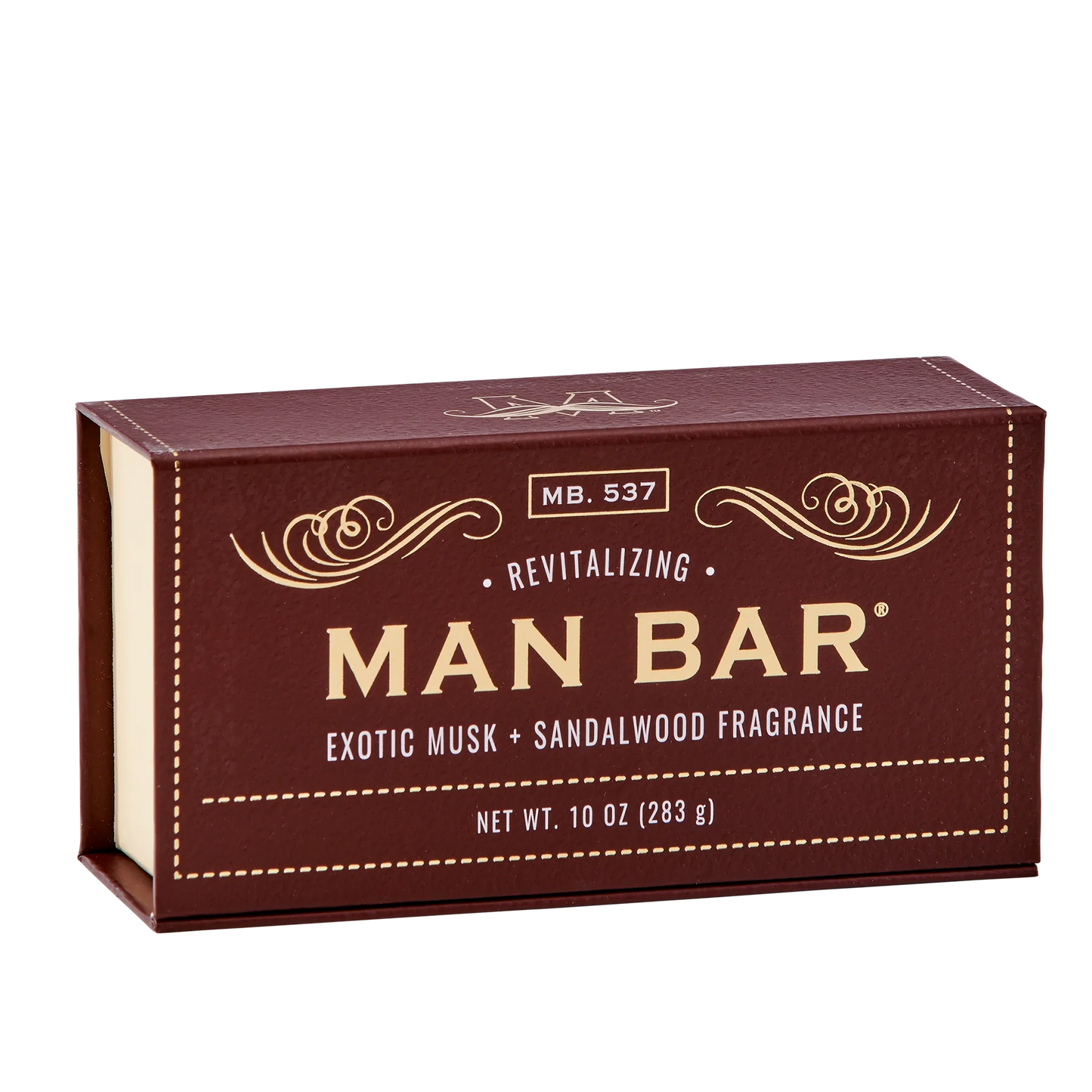 A packaged bar soap product with the branding 'MAN BAR' and text 'Exotic Musk & Sandalwood Fragrance' on the front.