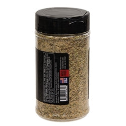 Spice jar with black lid and label on a white background