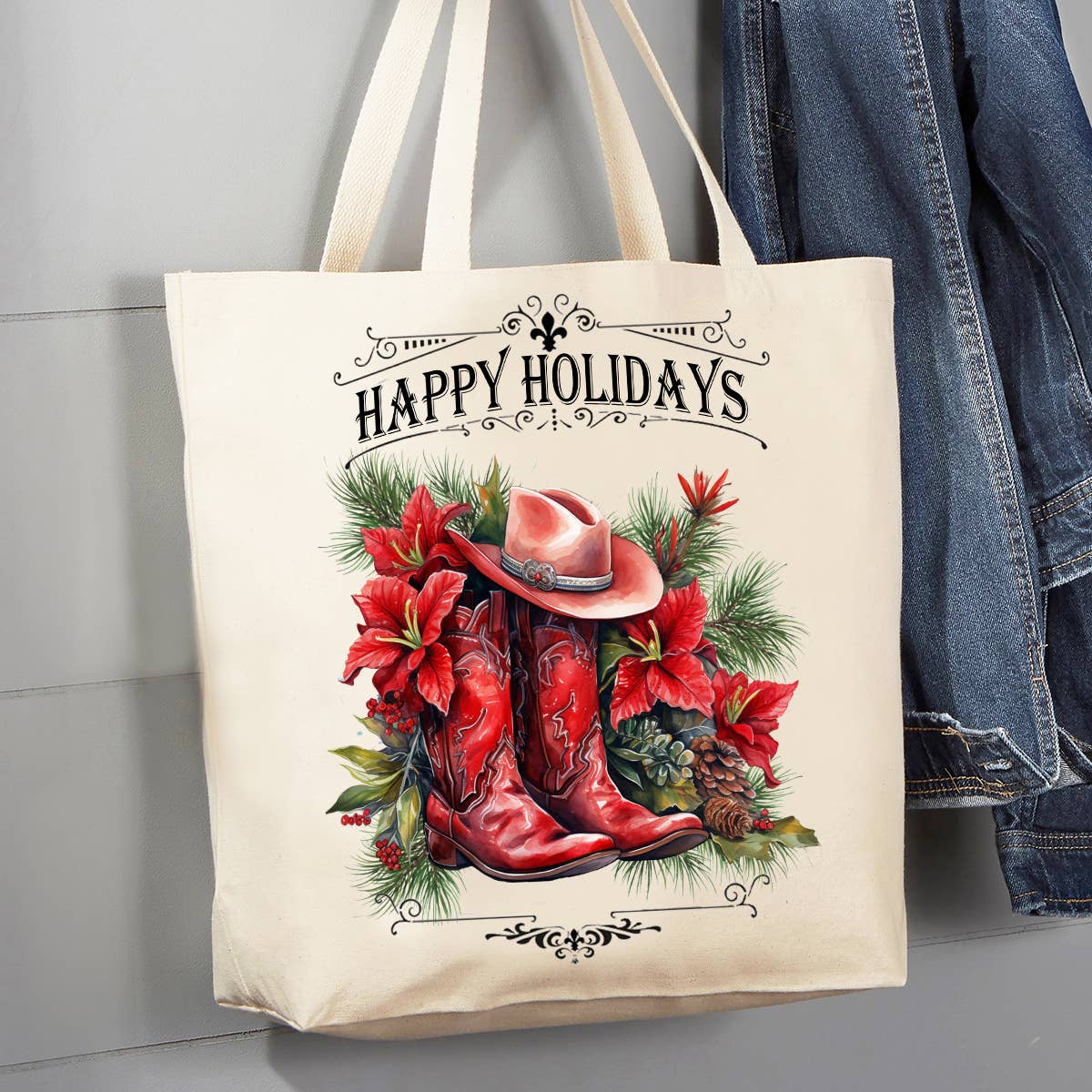 Canvas Tote Bag Christmas Red Cowboy Boots Western 12 oz - The Mirrored Past