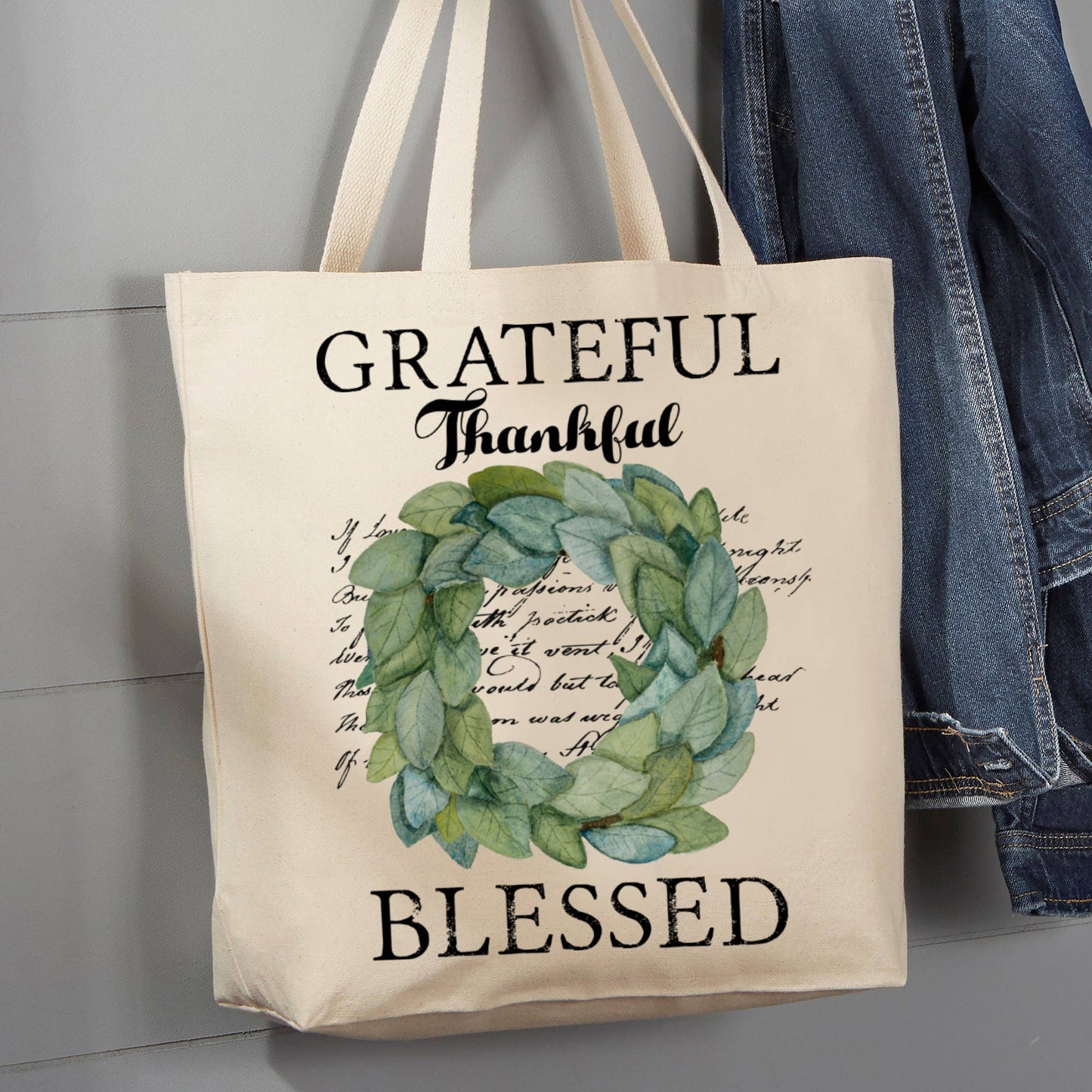 Tote Bag Grateful Thankful Blessed Wreath, 12 oz - The Mirrored Past