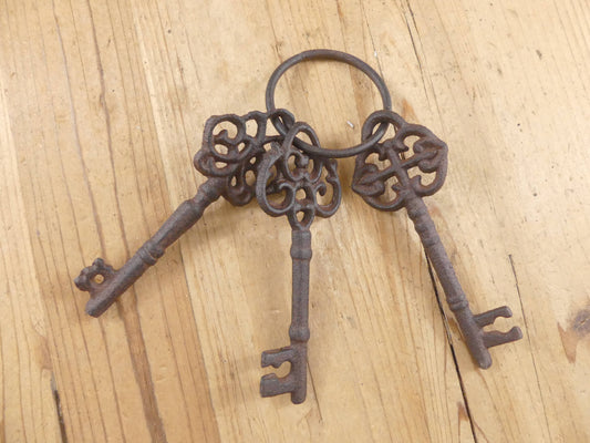 3 RUSTIC CAST IRON SKELETON JAIL KEYS - The Mirrored Past