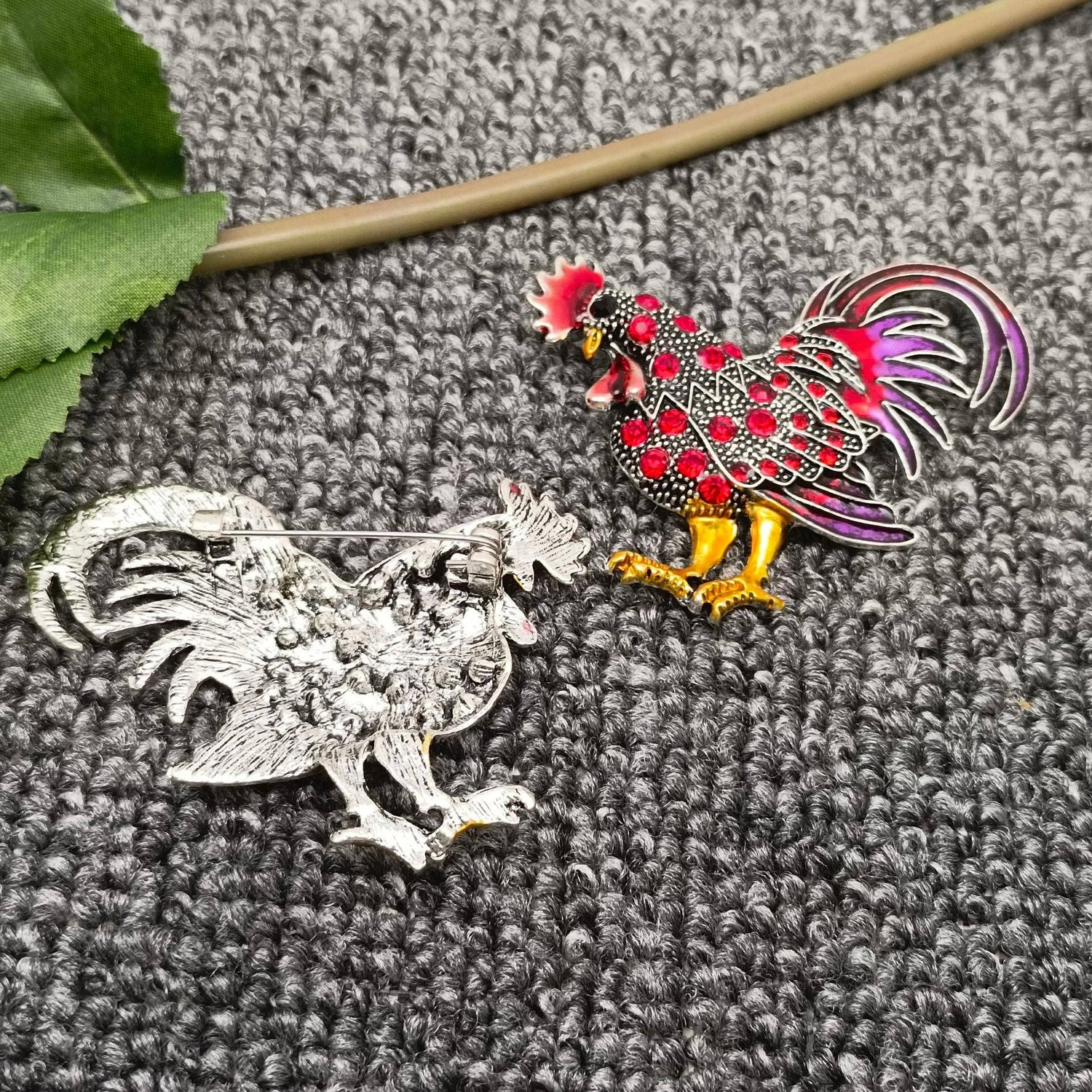 Colored Rhinestone Enamel Rooster Brooch: Red - The Mirrored Past