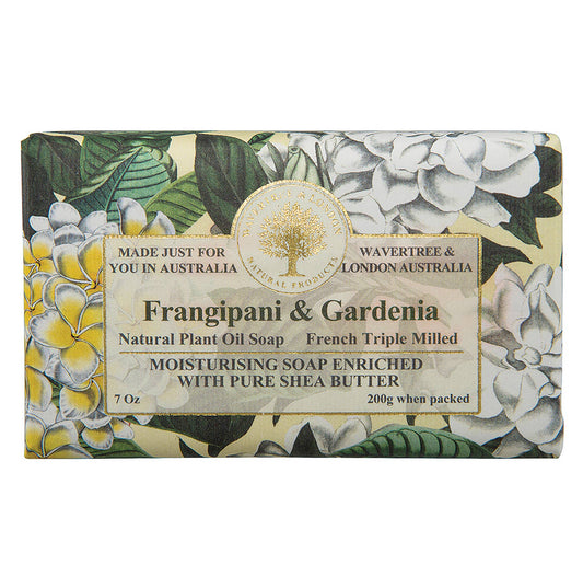 Bar of soap with floral packaging and branding on a white background