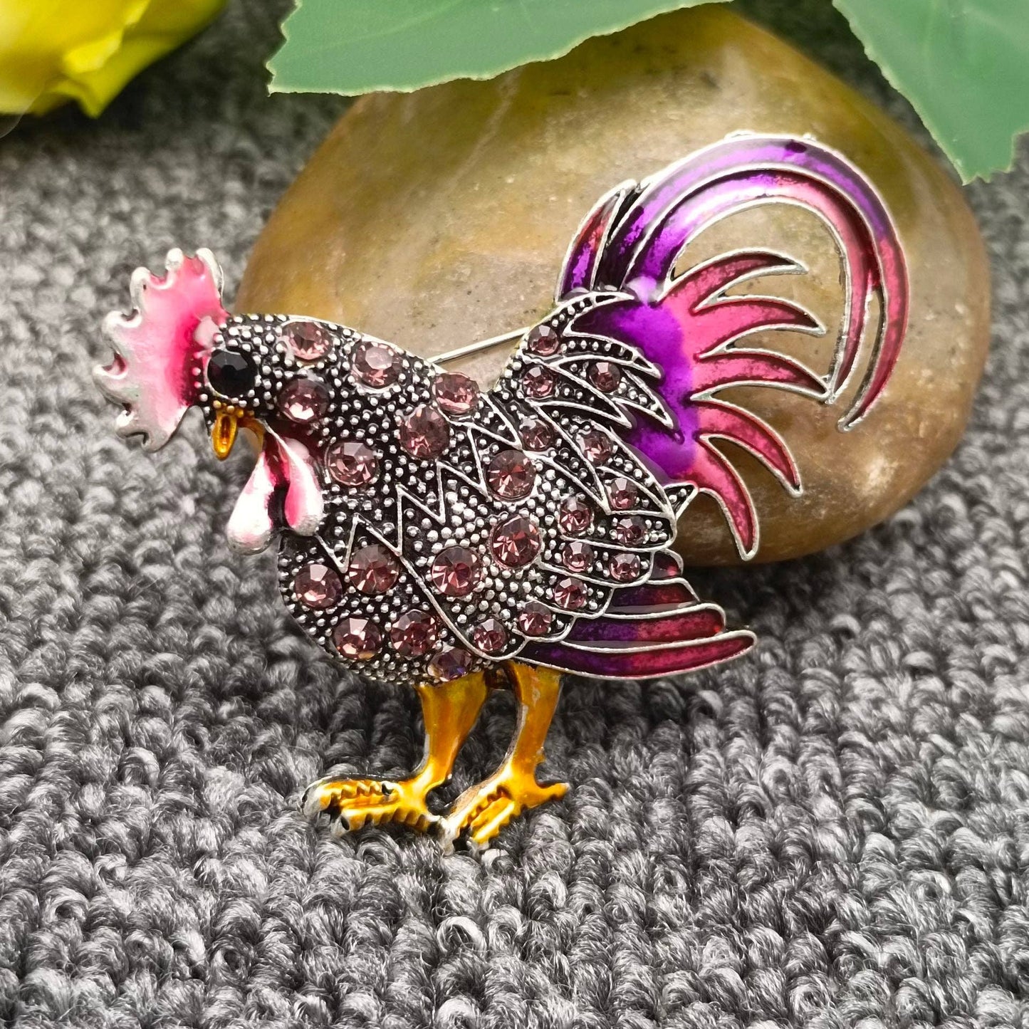 Colored Rhinestone Enamel Rooster Brooch: Red - The Mirrored Past
