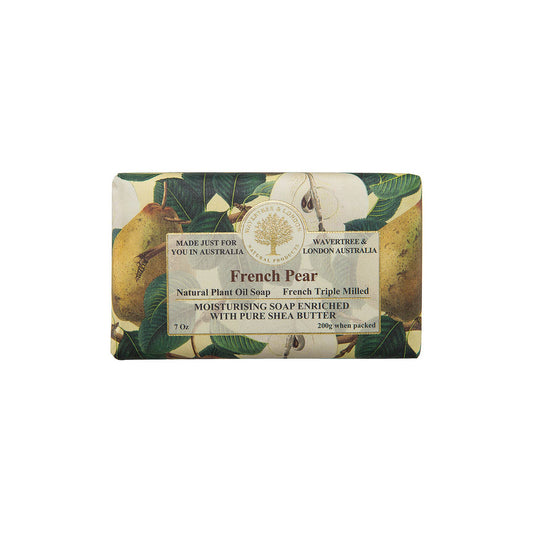 Bar of soap with a French Pear design on a white background