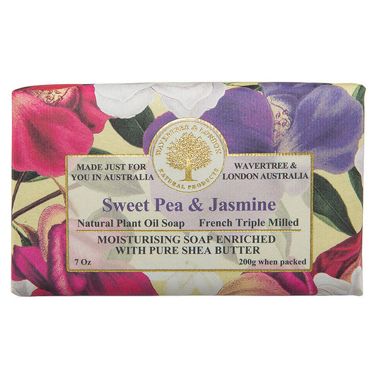 Bar of soap with floral design and branding on a white background