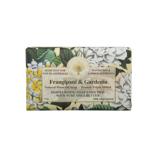 Soap bar with floral design and branding on a white background