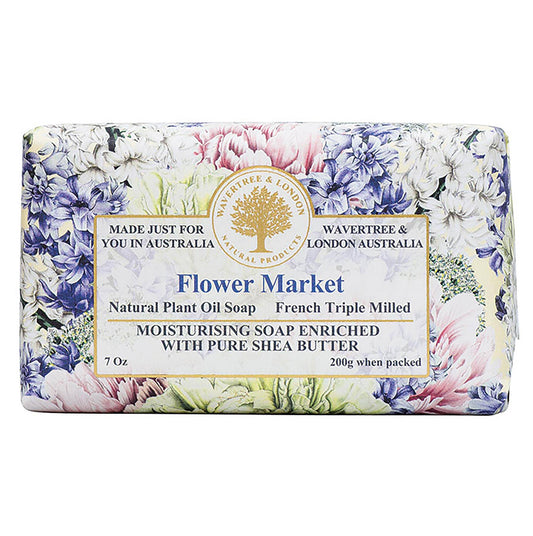 Floral-patterned soap bar with Wavertree & London branding on a white background