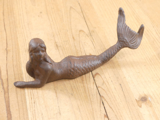 RUSTIC CAST IRON MERMAID FIGURE / PAPER WEIGHT, 9 1/2 " LONG - The Mirrored Past
