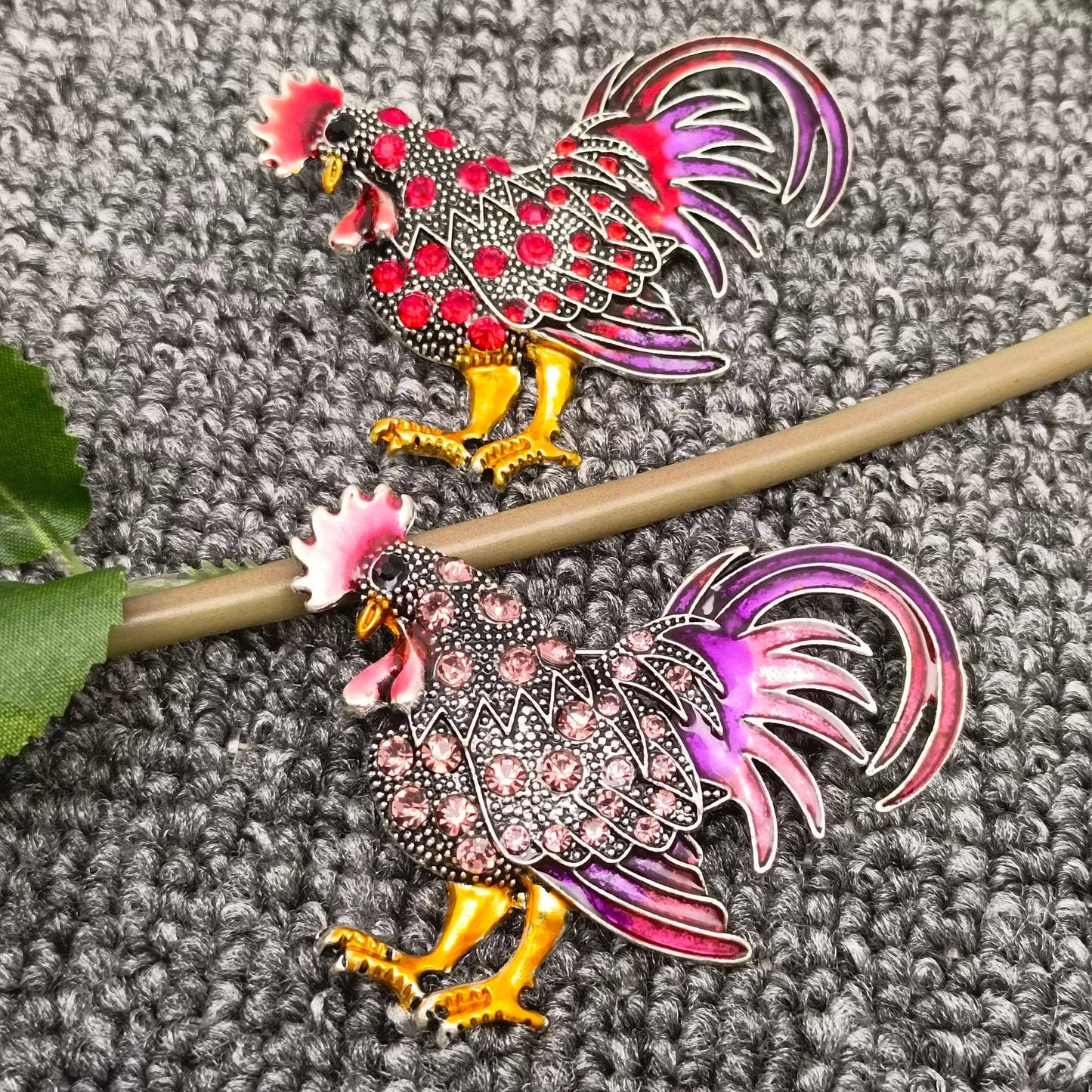 Colored Rhinestone Enamel Rooster Brooch: Red - The Mirrored Past