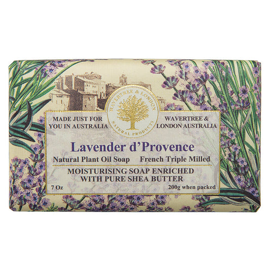 Lavender d'Provence soap bar with packaging featuring lavender and greenery on a white background.