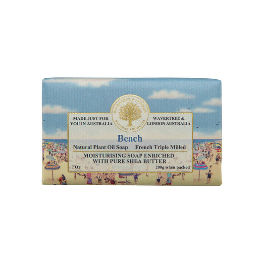 Bar of soap with beach scene packaging on a white background