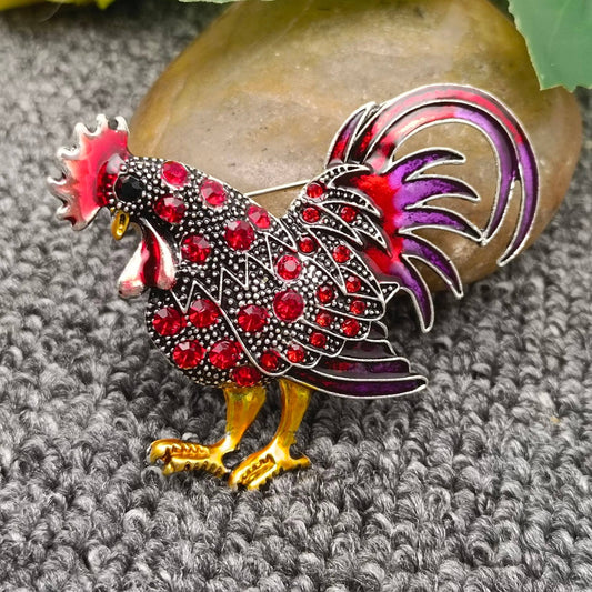 Colored Rhinestone Enamel Rooster Brooch: Red - The Mirrored Past