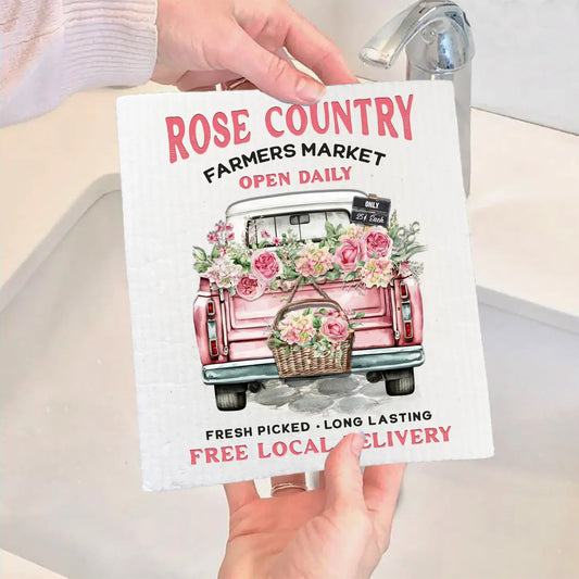 Country Rose Pink Pick Up Truck Swedish Dish Cloth