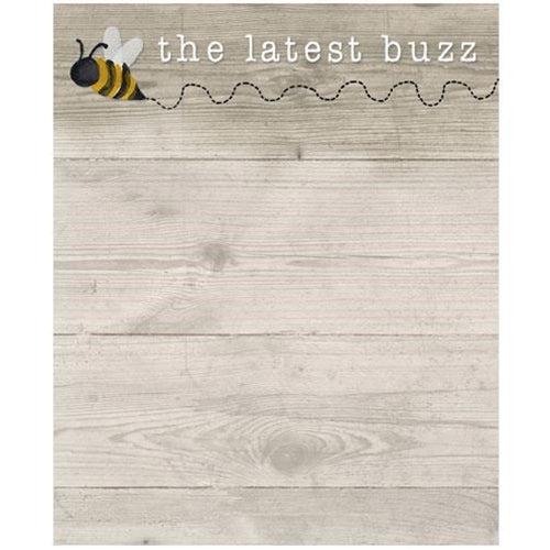 Wooden surface with a bee illustration and 'the latest buzz' text.