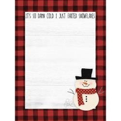 Notebook with a snowman illustration and humorous text on a red and black checkered border