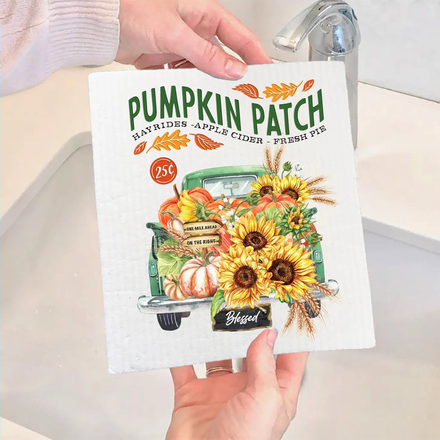 SWEDISH DISH CLOTHS | Autumn Fall Pumpkin Patch Green Truck