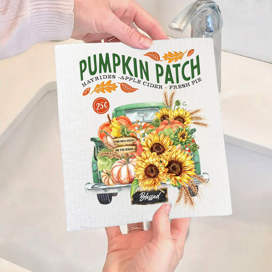 Autumn Fall Pumpkin Patch Green Truck Swedish Dish Cloth