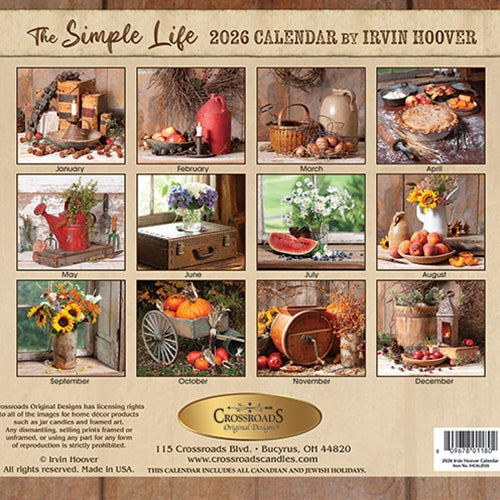 Calendar cover for 'The Simple Life' by Irvin Hoover featuring seasonal images and Crossroads brand logo.