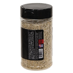 Spice jar with black lid and label on a white background