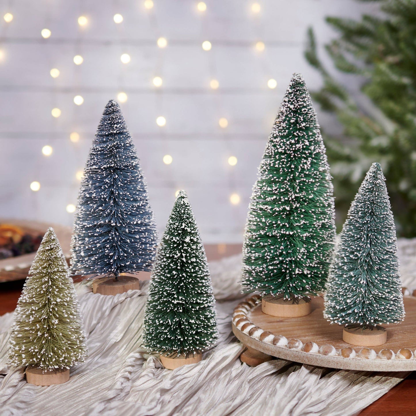 Snowy Green Bottle Brush Tree Set - The Mirrored Past