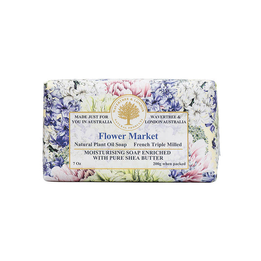 Flower Market soap bar with floral packaging on a white background