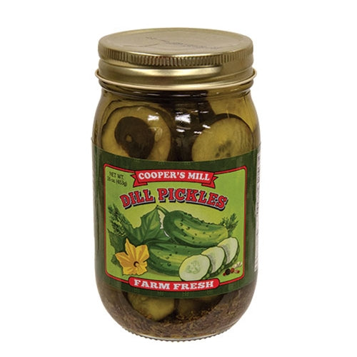 Jar of Coopers Mill Dill Pickles with a gold lid on a white background