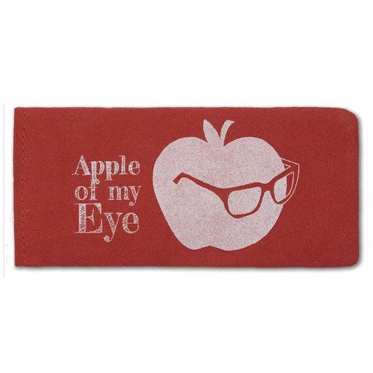 Red pouch with an apple wearing glasses and 'Apple of my Eye' text on a white background