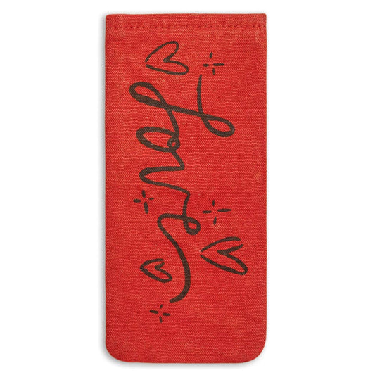 Red pouch with 'LOVE' printed in black on a white background