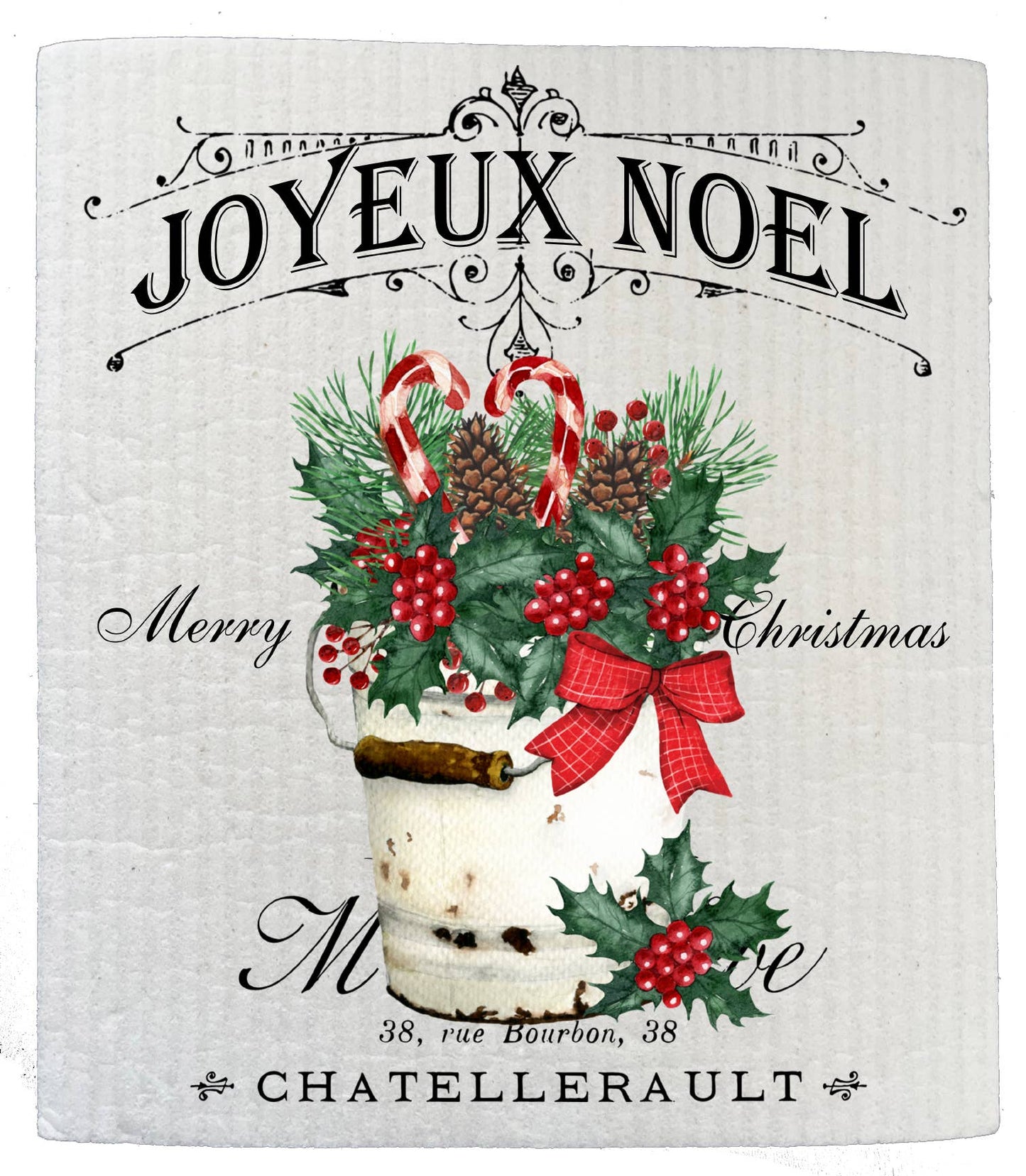 SWEDISH DISH CLOTH Joyeux Noel Holly French Christmas