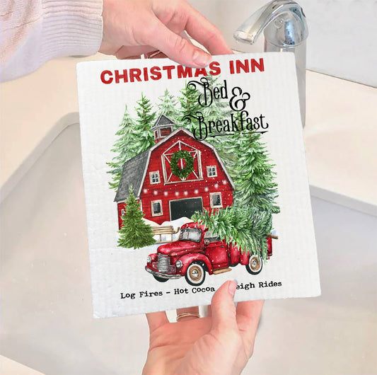 SWEDISH DISH CLOTHS | Christmas Inn Red barn Pick Up Truck - The Mirrored Past