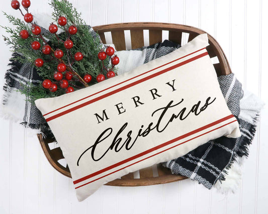 Merry Christmas Pillow Cover Farmhouse stripes 12x20 inch - The Mirrored Past