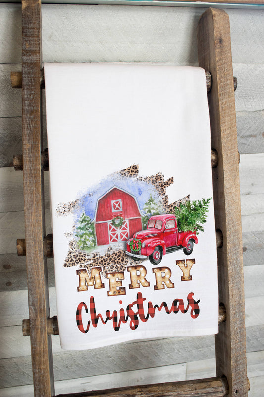 Merry Christmas Vintage Barn Flour Sack Tea Towel